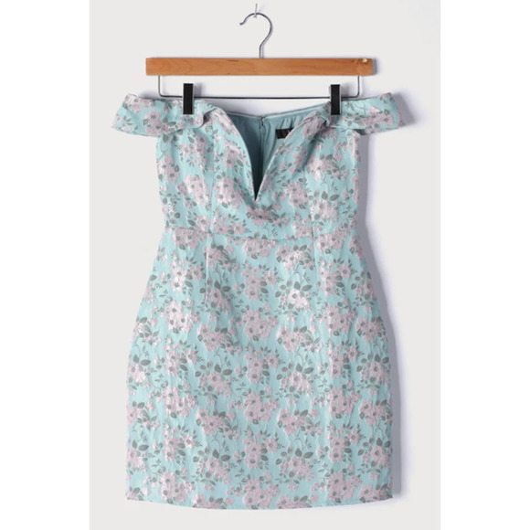 Lulus Favorite Song Dress Blue Floral Jacquard Off The Shoulder Mini NWT XS - Picture 5 of 9